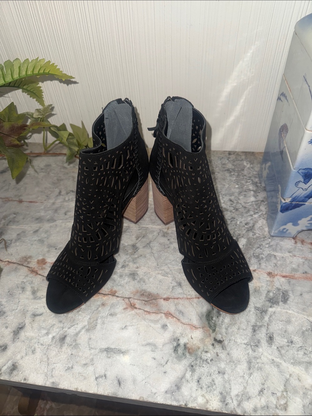 Black Laser-Cut Peep-Toe Block Heel Booties